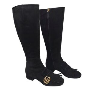 Gucci Size 36.5 Marmont Fringe riding black suede tall boots logo double G